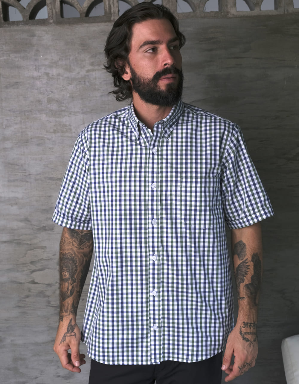 Camisa Manga Corta Cuadros Azul Oscuro y Verde - Moldería clásica