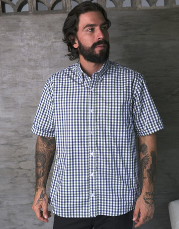Camisa Manga Corta Cuadros Azul Oscuro y Verde - Moldería clásica