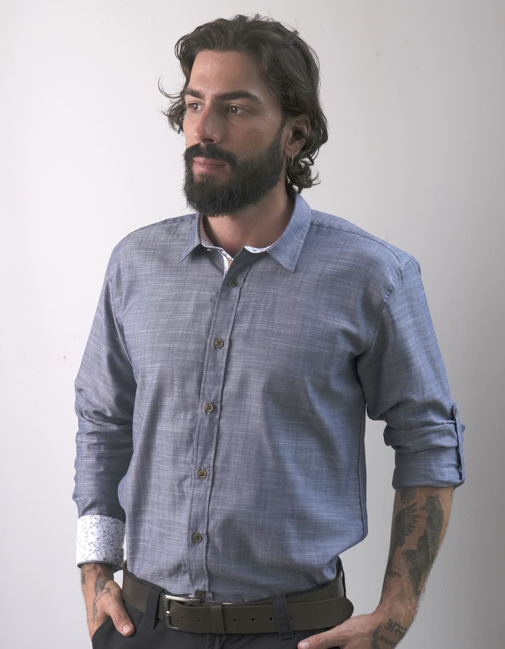 Camisa Manga Larga Azul Grisáceo Con Charretera - Moldería slim