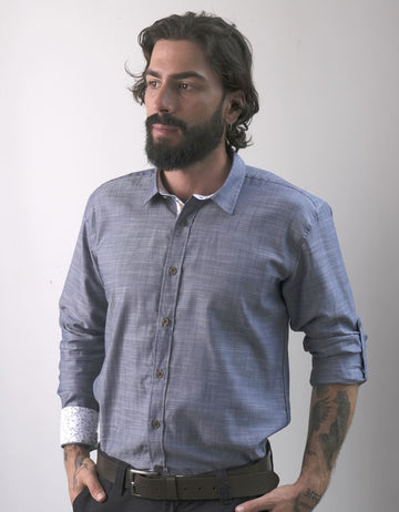 Camisa Manga Larga Azul Grisáceo Con Charretera - Moldería slim