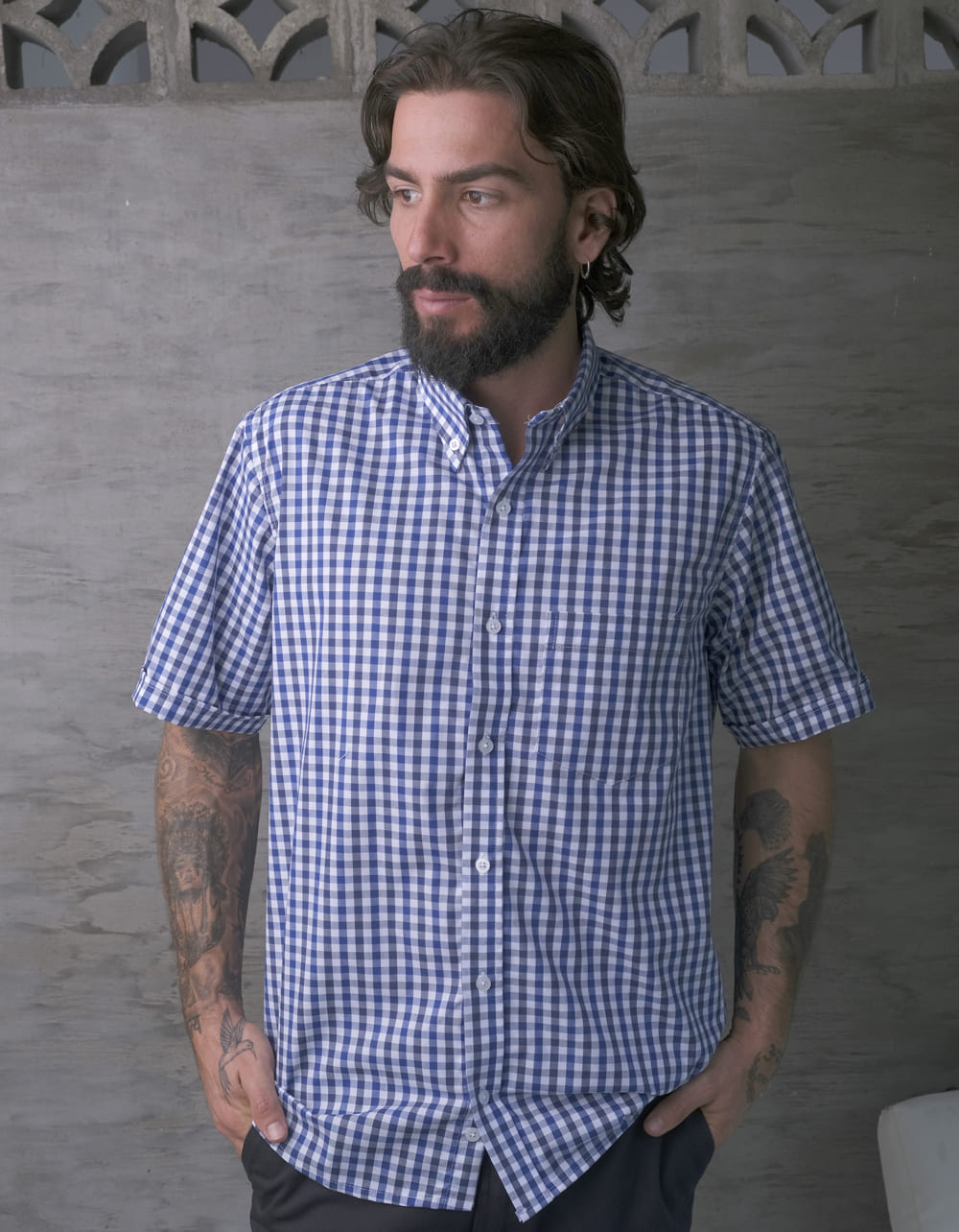 Camisa Manga Corta Cuadros Azul Oscuro Y Blanco  - Moldería clásica