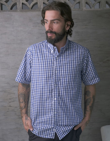 Camisa Manga Corta Cuadros Azul Oscuro Y Blanco  - Moldería clásica