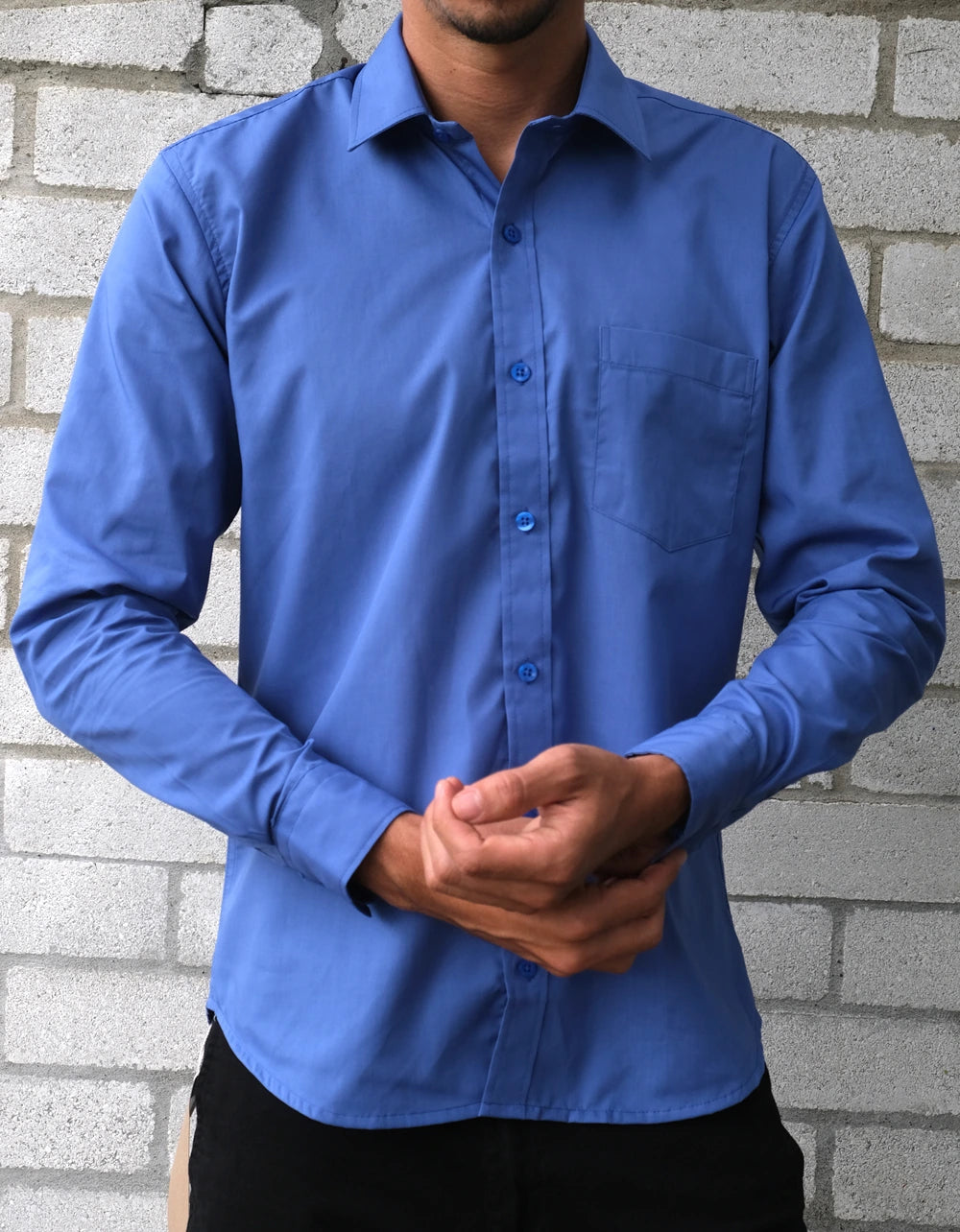 Camisa Manga Larga Sin Textura Color Azul Medio - Moldería slim