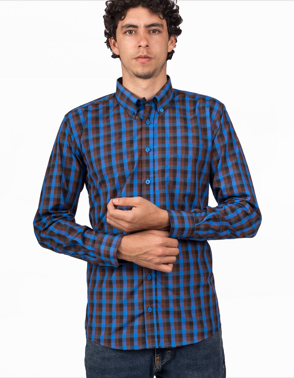 Camisa Manga Larga Cuadros Azul Negro y Vinotinto - Moldería informal