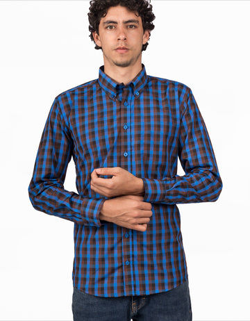 Camisa Manga Larga Cuadros Azul Negro y Vinotinto - Moldería informal