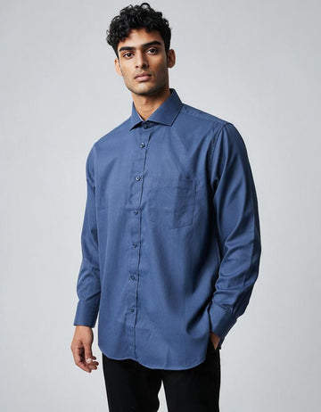 Camisa Manga Larga Color Azul Con Textura Rayas - Moldería clásica
