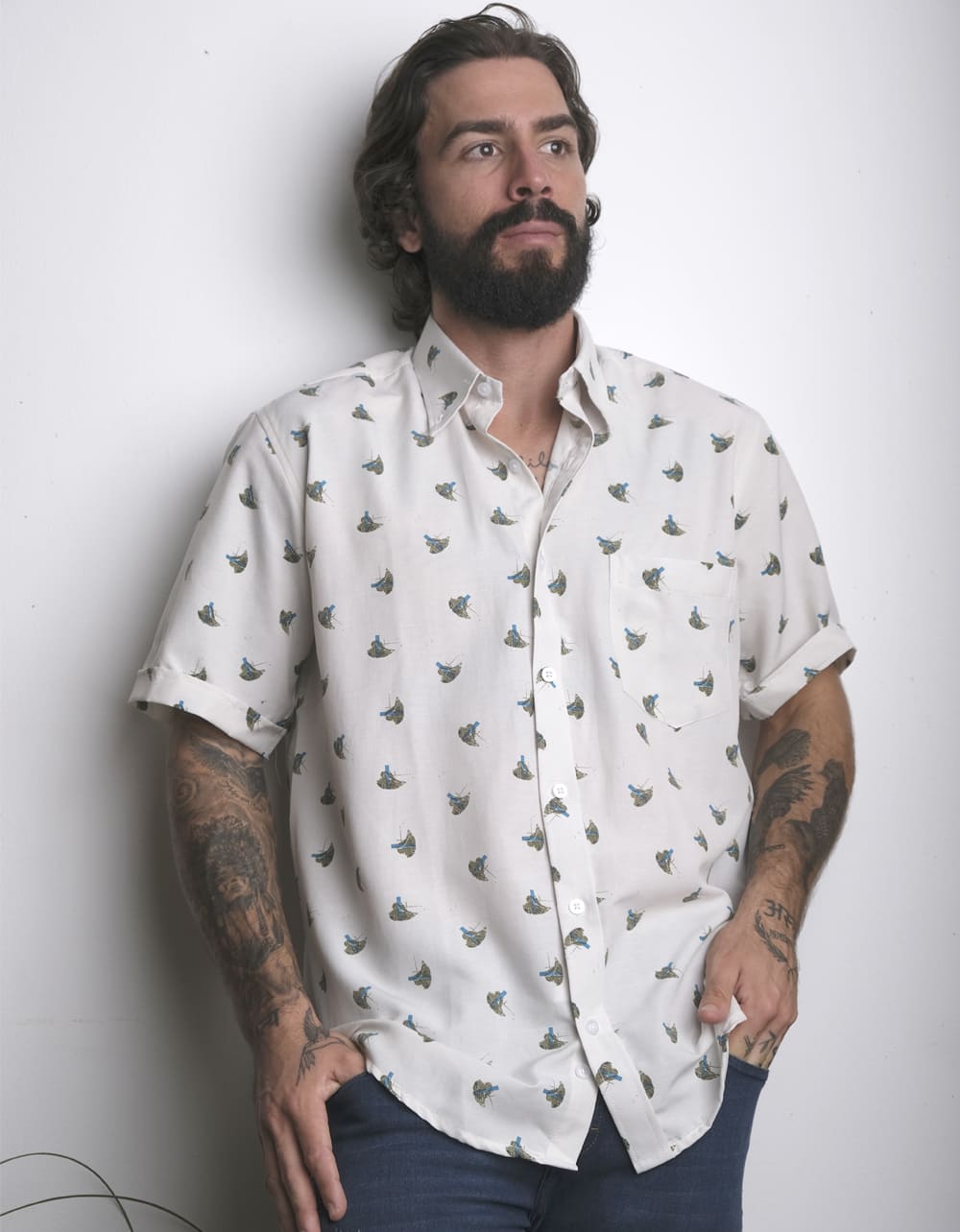 Camisa Manga Corta Blanca Print Abstracto - Moldería clásica