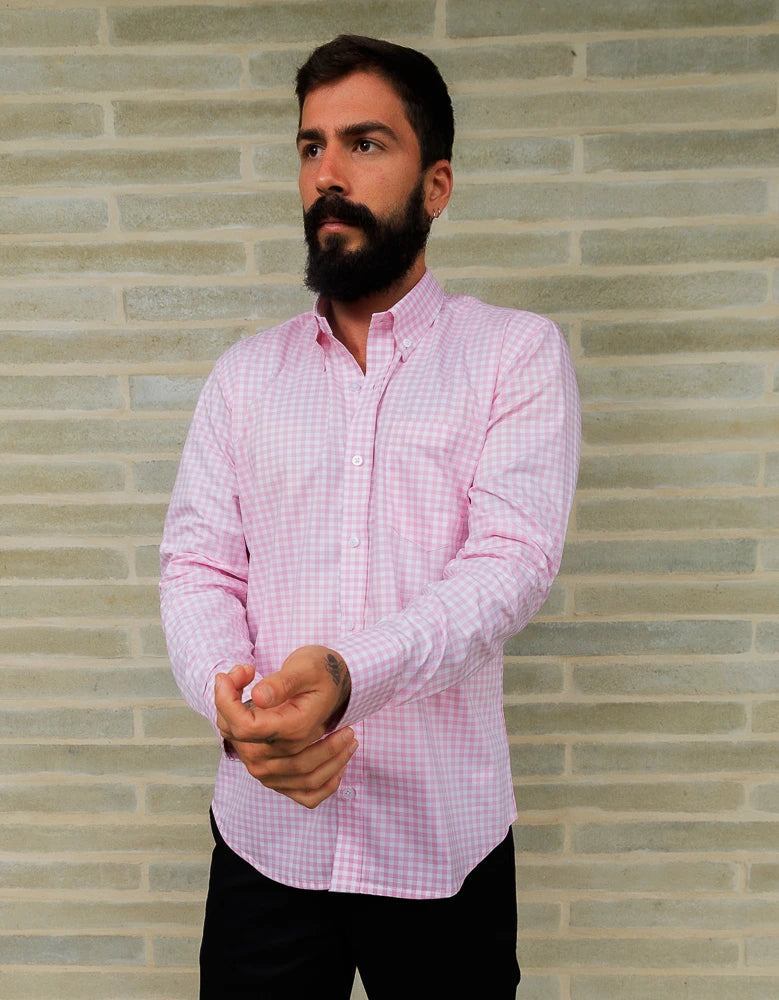Camisa Manga Larga Cuadros Rosa y Blanco - Moldería slim