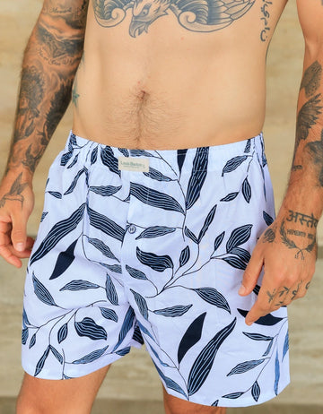 Boxer Blanco Print Hojas Azules